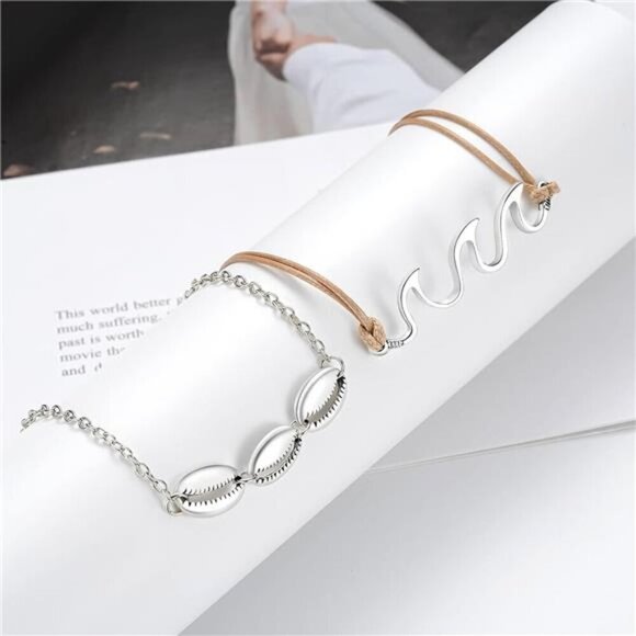 Silver Wave & Shell Anklet Set – Beach-Inspired Boho Jewelry -Beach Vibes Summer - Picture 5 of 5